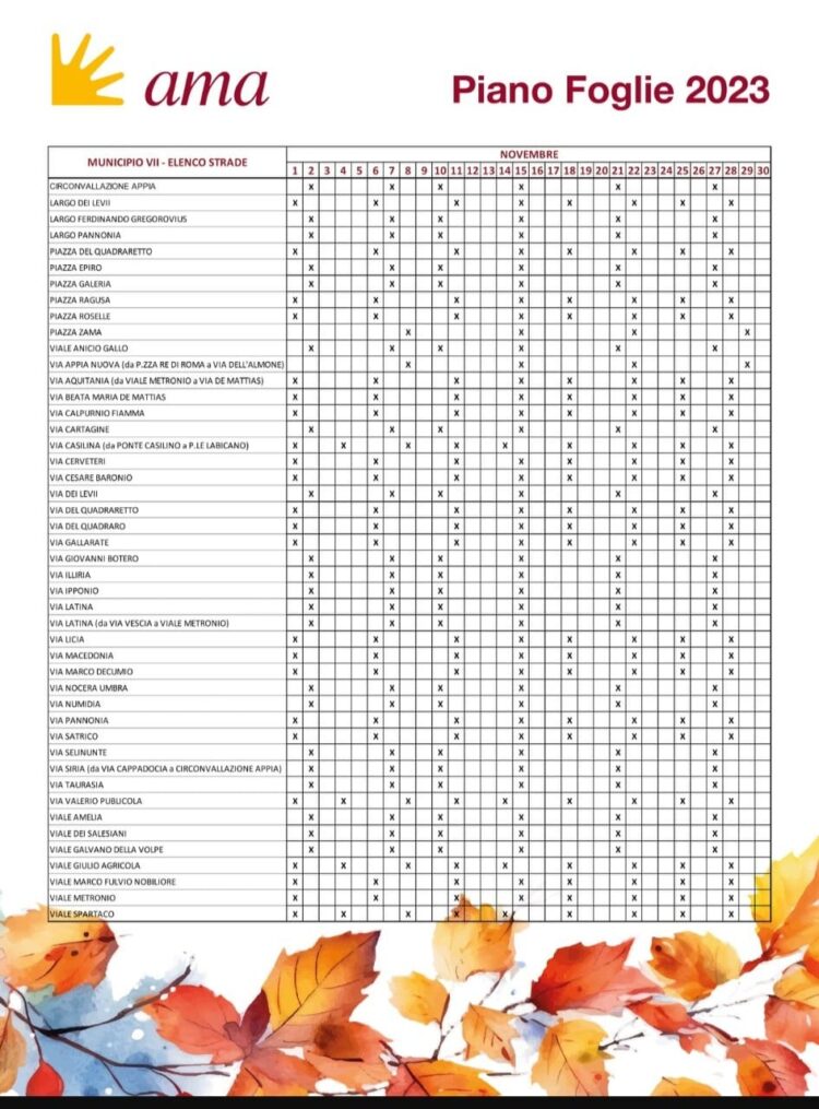 Piano foglie di AMA S.p.A. per il mese di novembre 2023