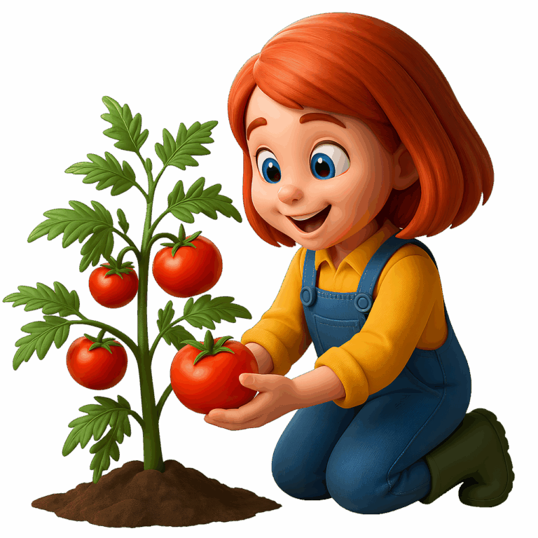 gardener, girl, tomato, vegetables, garden, plant, smile, harvest, agriculture, children's drawing, bright colours, nature, vegetable garden, work, joy, ai generated