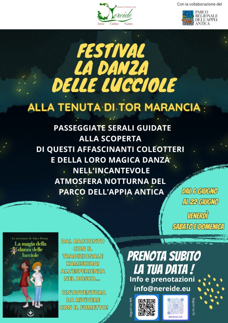 Passeggiate serali guidate alla scoperta di questi affascinanti coleotteri e della loro magica danza nell'incantevole atmosfera del Parco dell'Appia Antica.